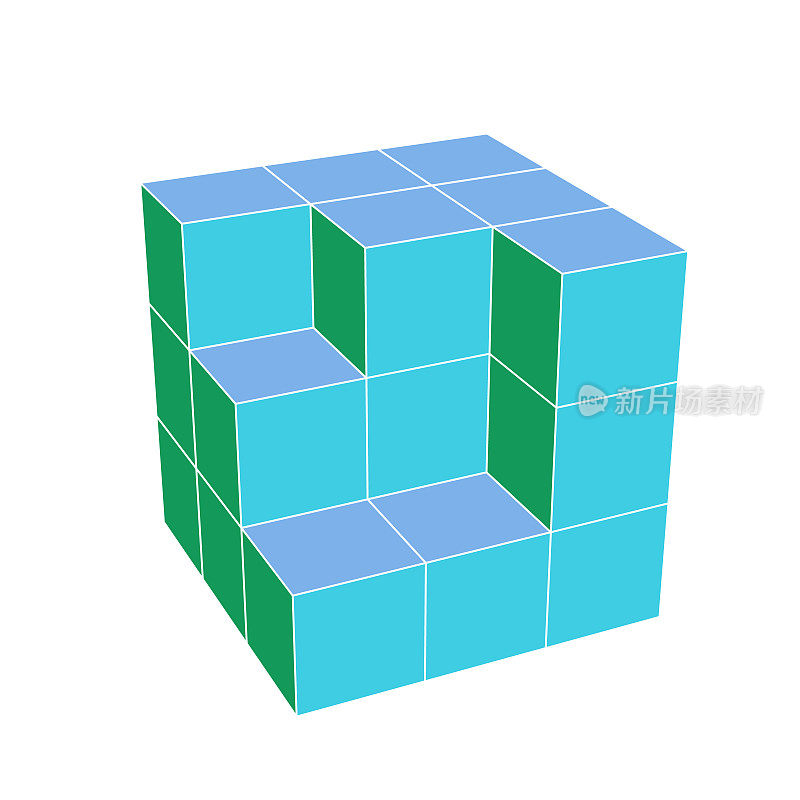 3x3x3 = 22个不同颜色表面的立体立方体的3D渲染，形成墙体形状。与视角。